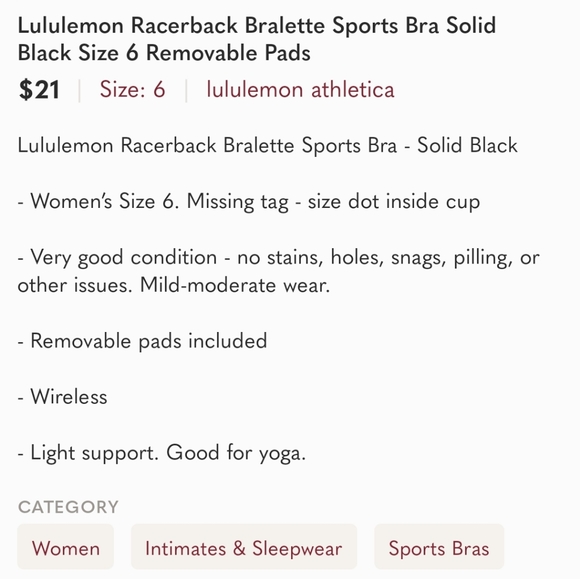 Lululemon Racerback Bralette Sports Bra Solid Black Size 6 Removable Pads - Picture 4 of 4